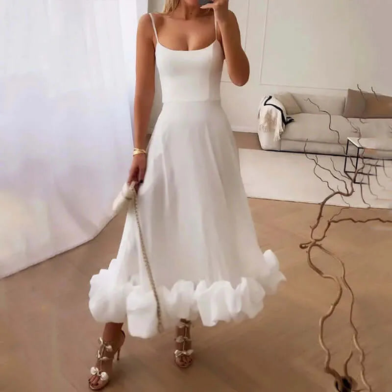 White Color Strappy Ruffled Midi Dress