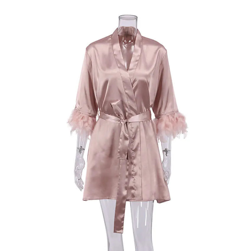 Fancy Satin Feathered Sleeved Robe
