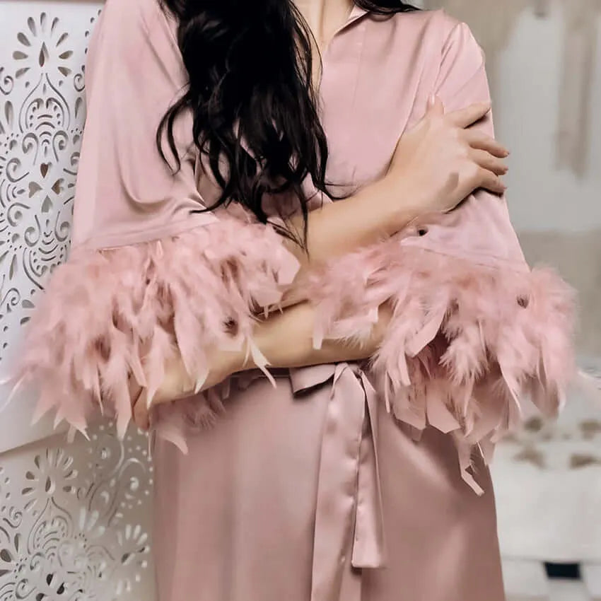 Elegant Satin Feathered Sleeved Robe