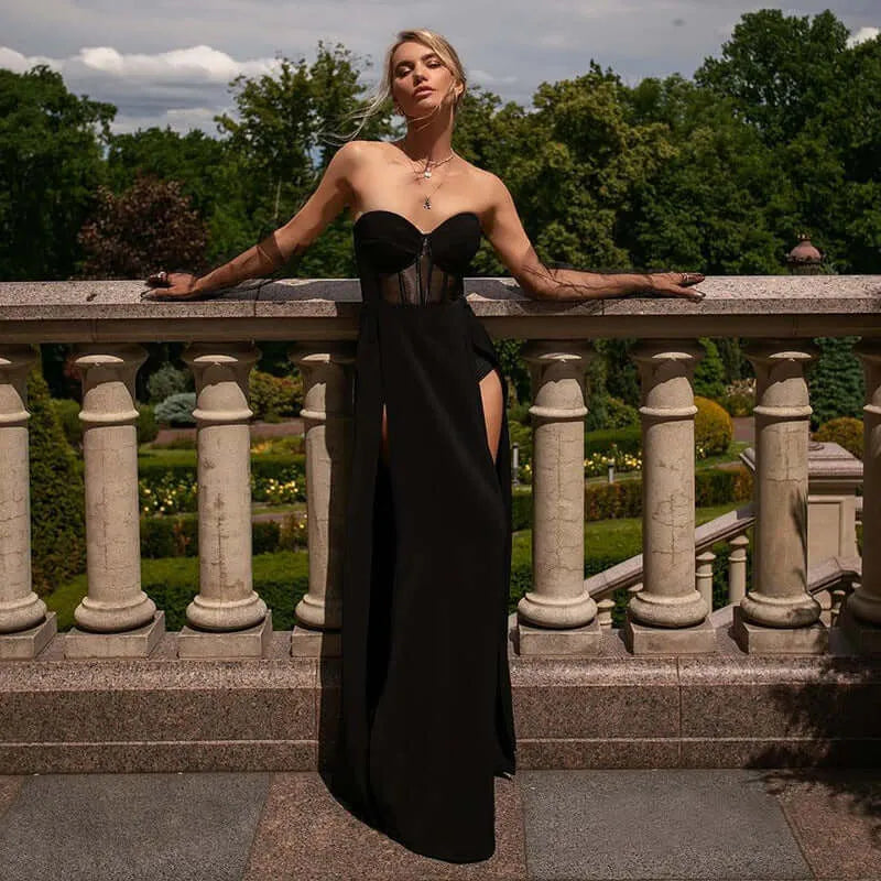 Black Elegant Strapless Corset Split Maxi Dress