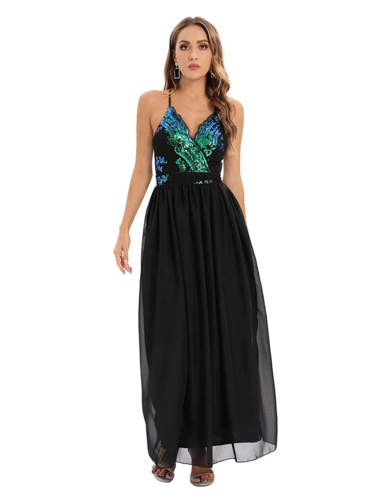 Sequined Backless Spaghetti Strap Maxi Dress