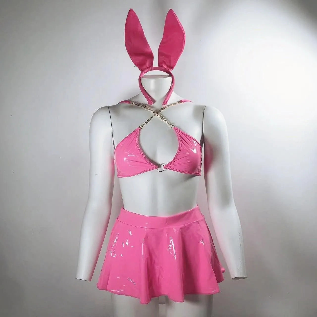 Three-piece bunny lingerie set crafted from luxurious faux leather