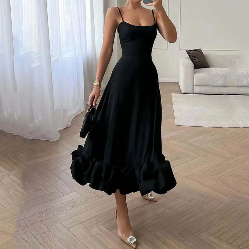 Black Color Strappy Ruffled Midi Dress
