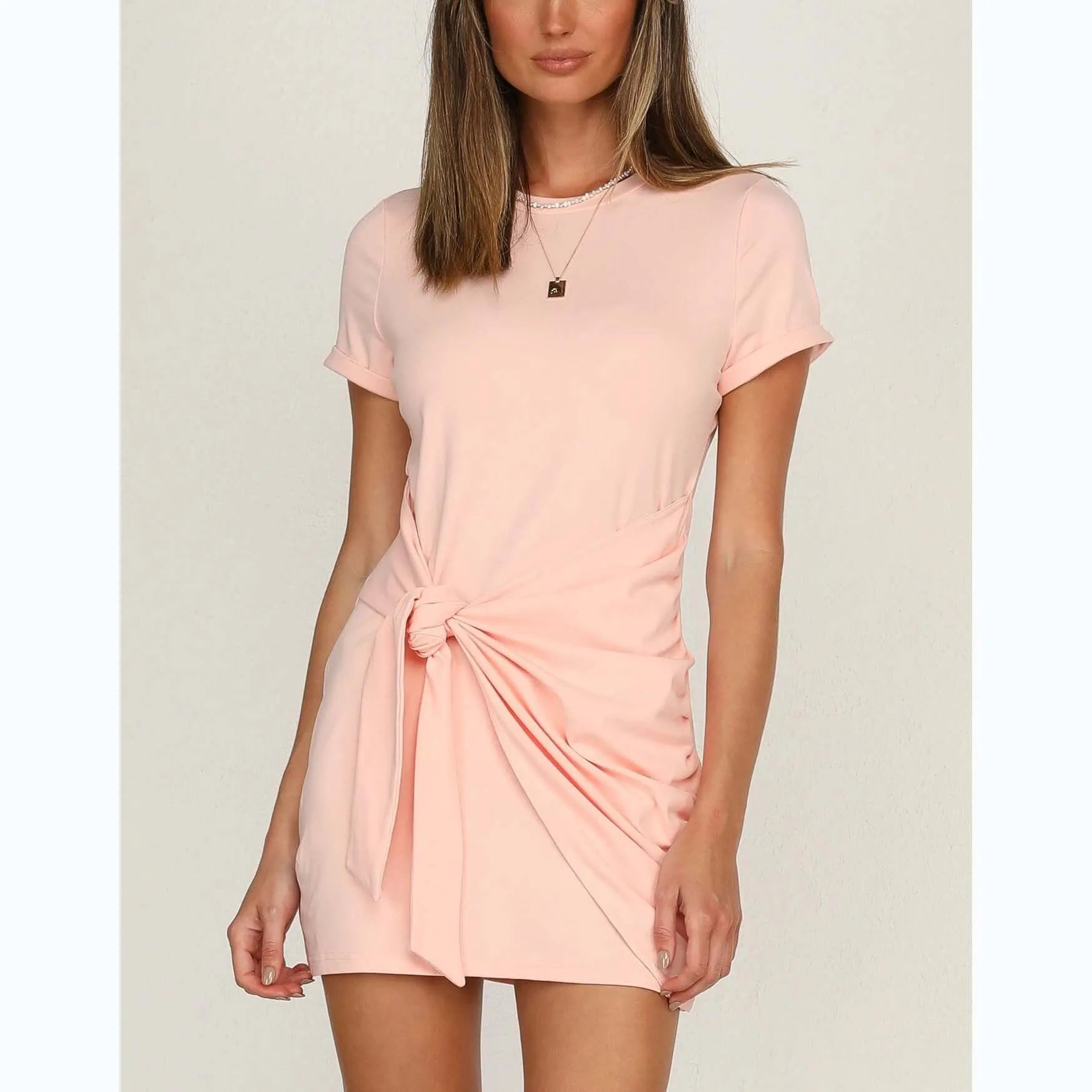 Light Cream Tied T-Shirt Dress For Women