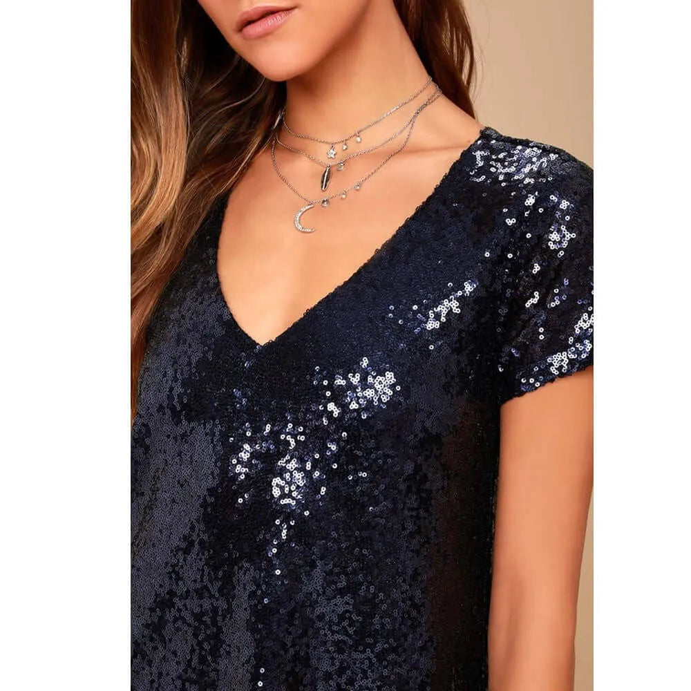 Dark Blue Sequined V-Neck Short Sleeve T-shirt Dress