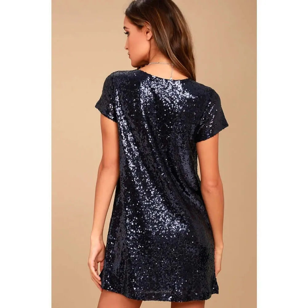 Sequined V-Neck Short Sleeve T-shirt Dress