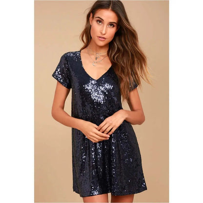 Casual Sequined V-Neck Short Sleeve T-shirt Dress