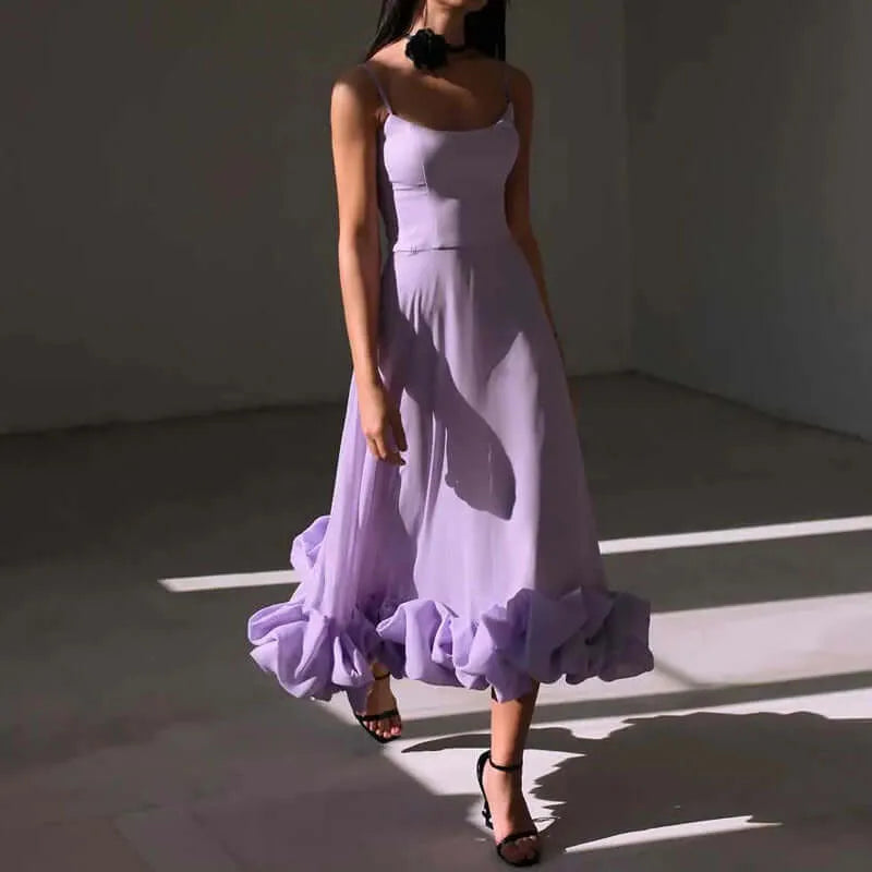 Purple Strappy Ruffled Midi Dress