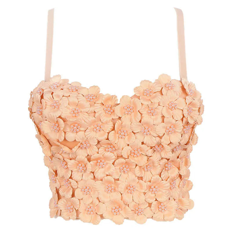 Pink Floral Beaded Boned Short Corset - Elite Intimates Lingerie