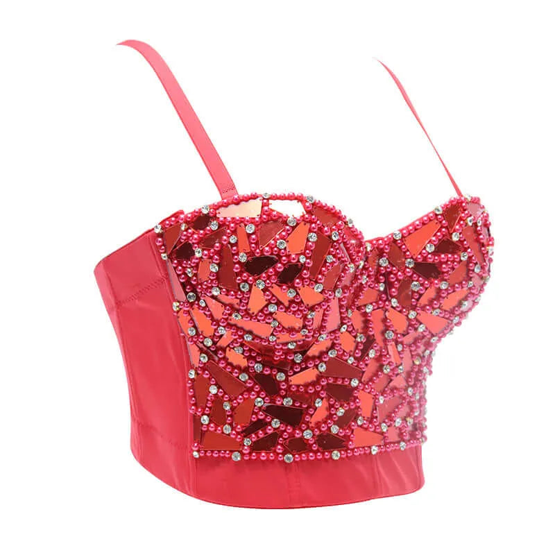 Pink Beaded Glass Sequined Short Corset