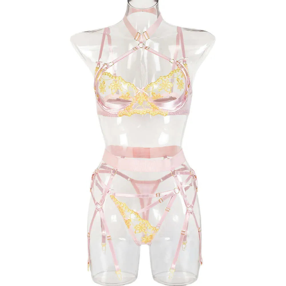  Pink Color Caged Halter Hollow Out Three-Piece Lingerie Set