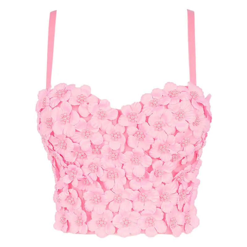 Pink Floral Beaded Boned Short Corset - Elite Intimates Lingerie
