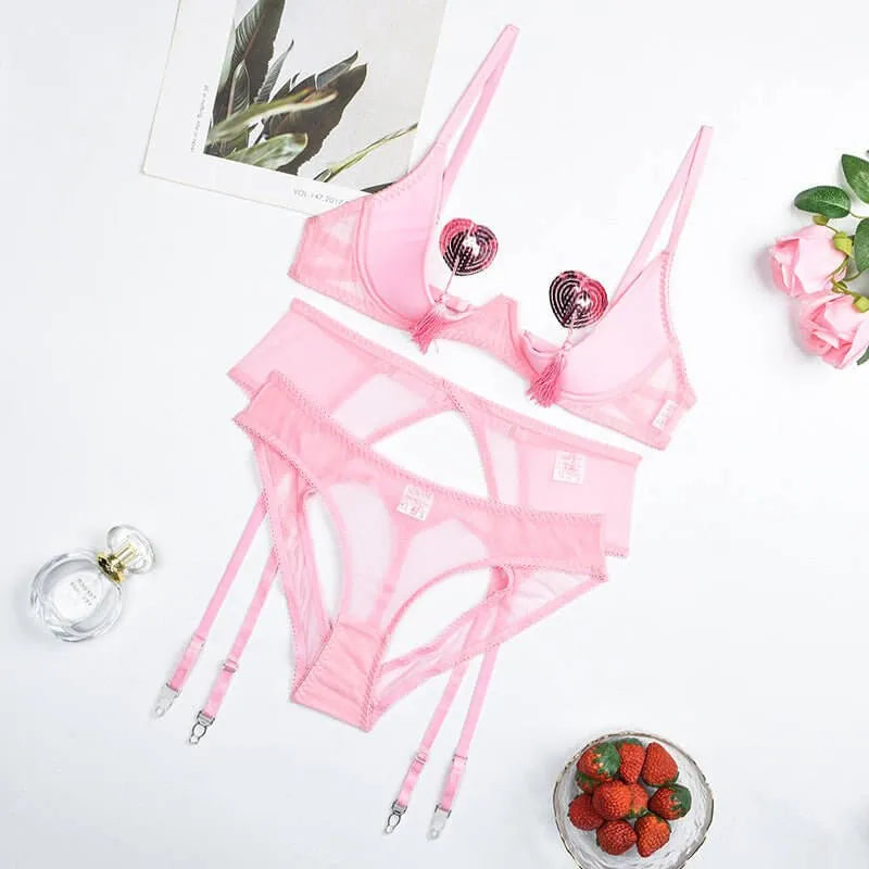 Flaunt the Fun: Pink Tassel Underbust Four-Piece Lingerie Set