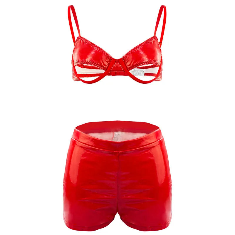 Bold faux leather lingerie set in passionate red