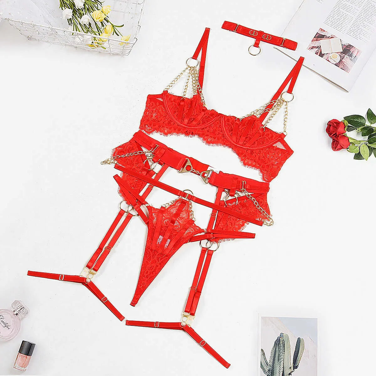 Red Lace Lingerie Set For Women