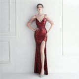 Red Color Sequined Diamonds Long  Dress