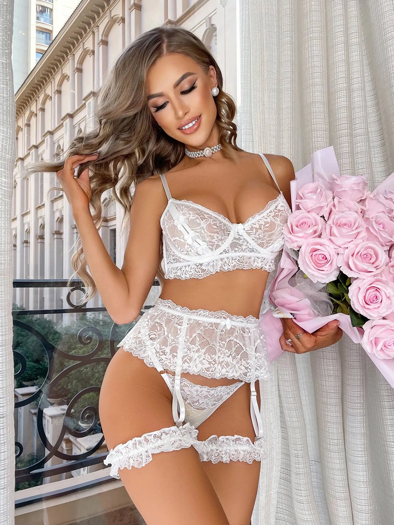 Delicate White Lace Intimates with Pettiskirt and Garters