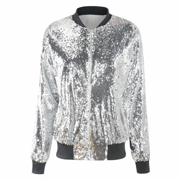 Silver Color Sequin Bomber Jacket