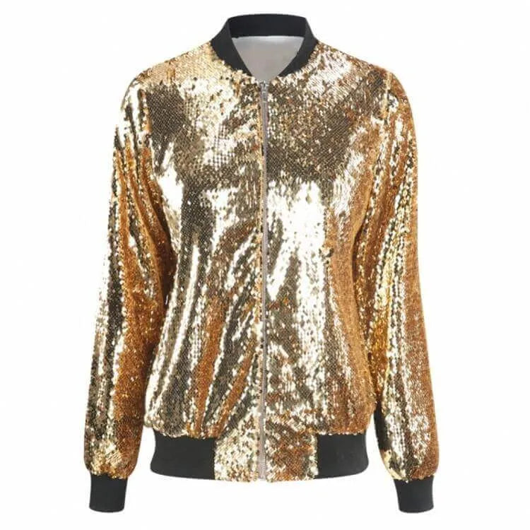 Golden Color Sequin Bomber Jacket For Women