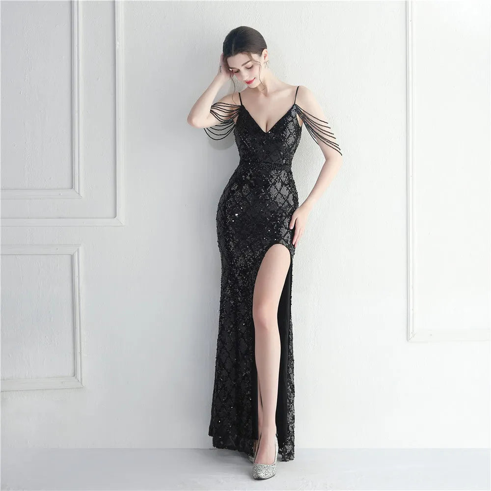 Shiny Black With Sequined Long Dress