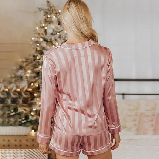 Striped Button Up Pyjama Set For Women