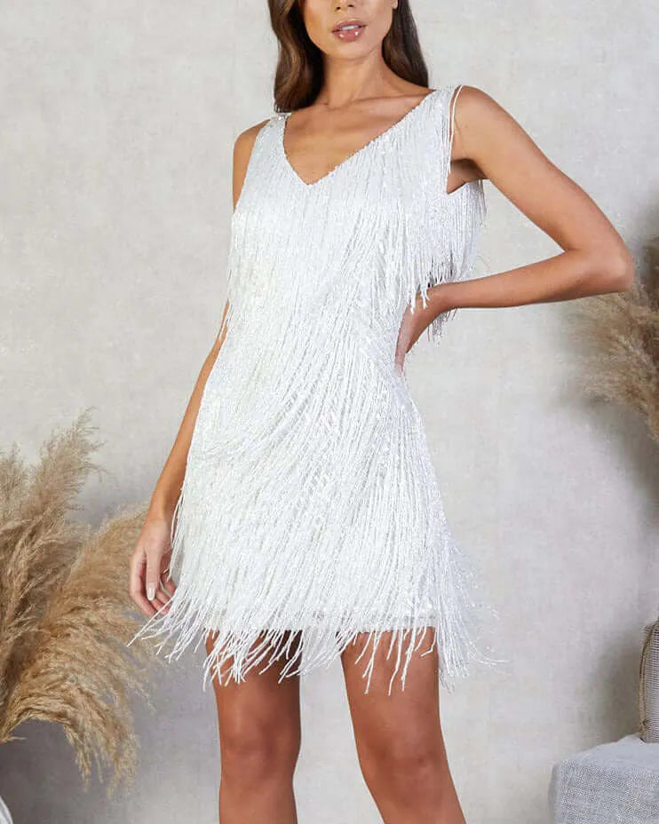 V-Neck Chic with a Flair of Tassels