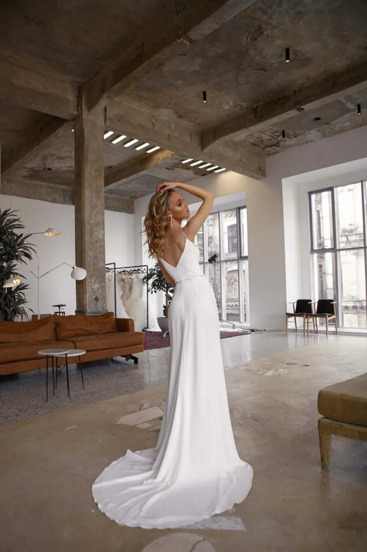 White Color Sheer Sequined Slit Backless Dress